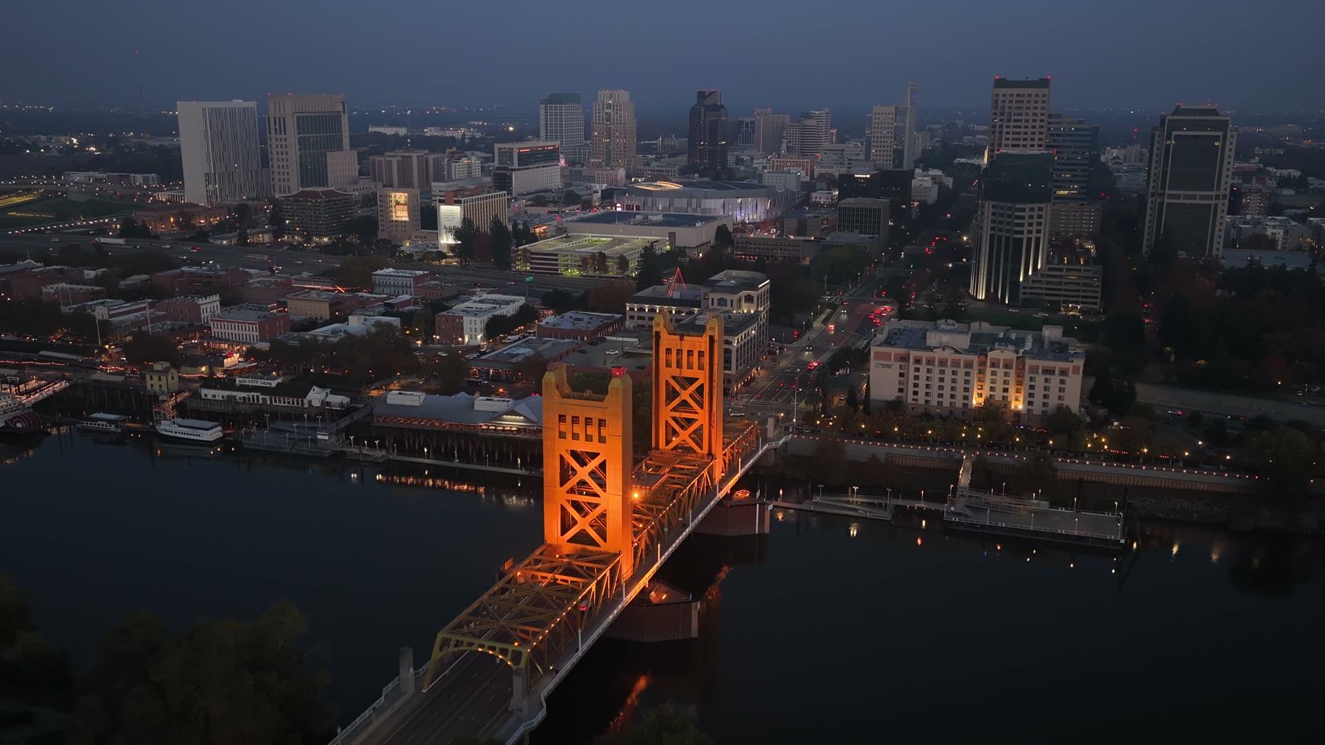 Aerial view of the Tower Bridge and downtown Sacramento at dusk