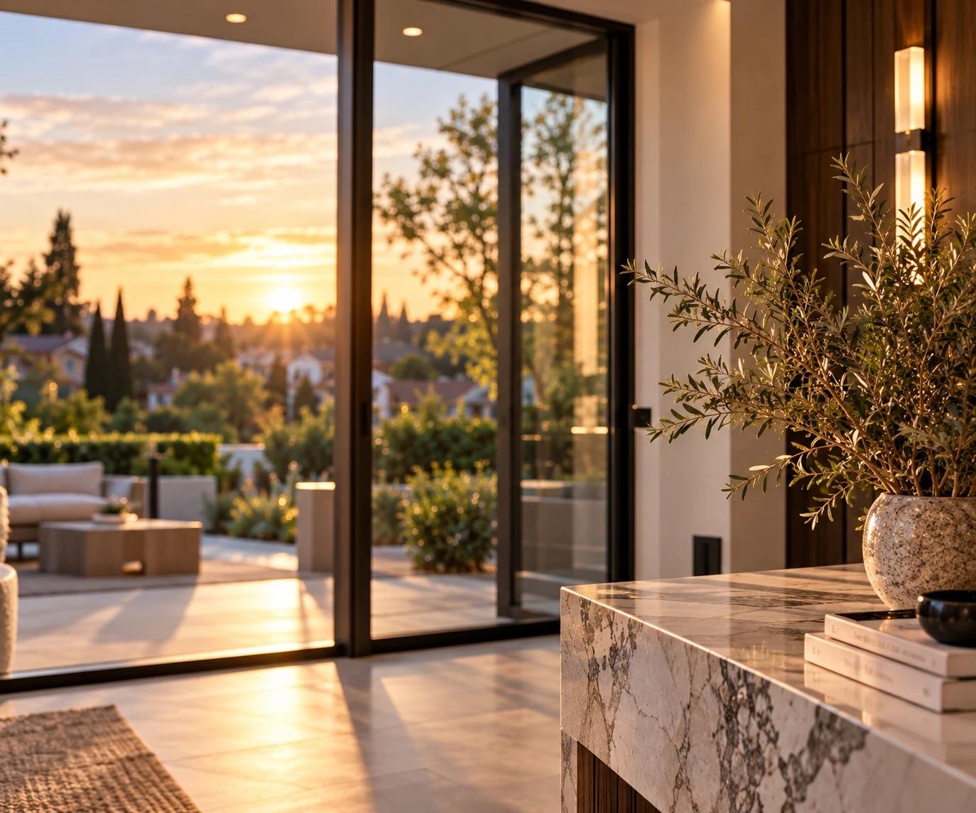A bright living room at sunset, glass doors open to a terrace with rooftops and trees beyond