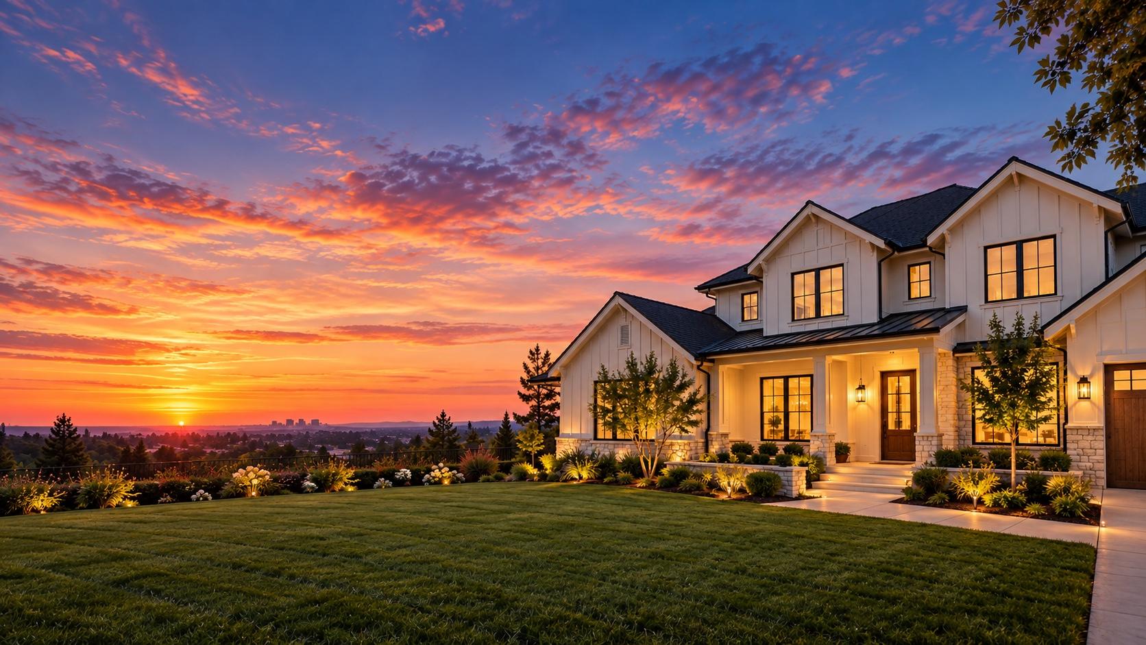 A lit modern farmhouse on a hill above Sacramento at sunset, the city skyline on the horizon
