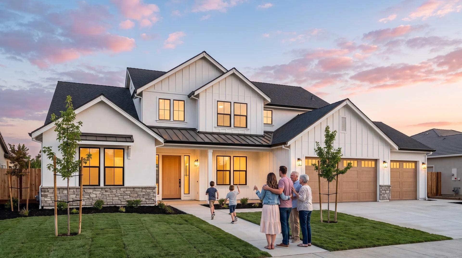 A family in front of a modern farmhouse-style home at golden hour